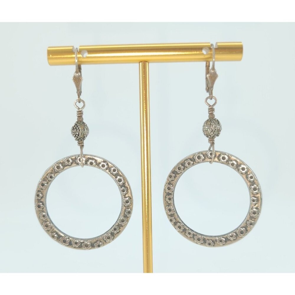925 Silver Lever Back Front Facing Drop Hoop Earrings Double Sided Flower/Leaves